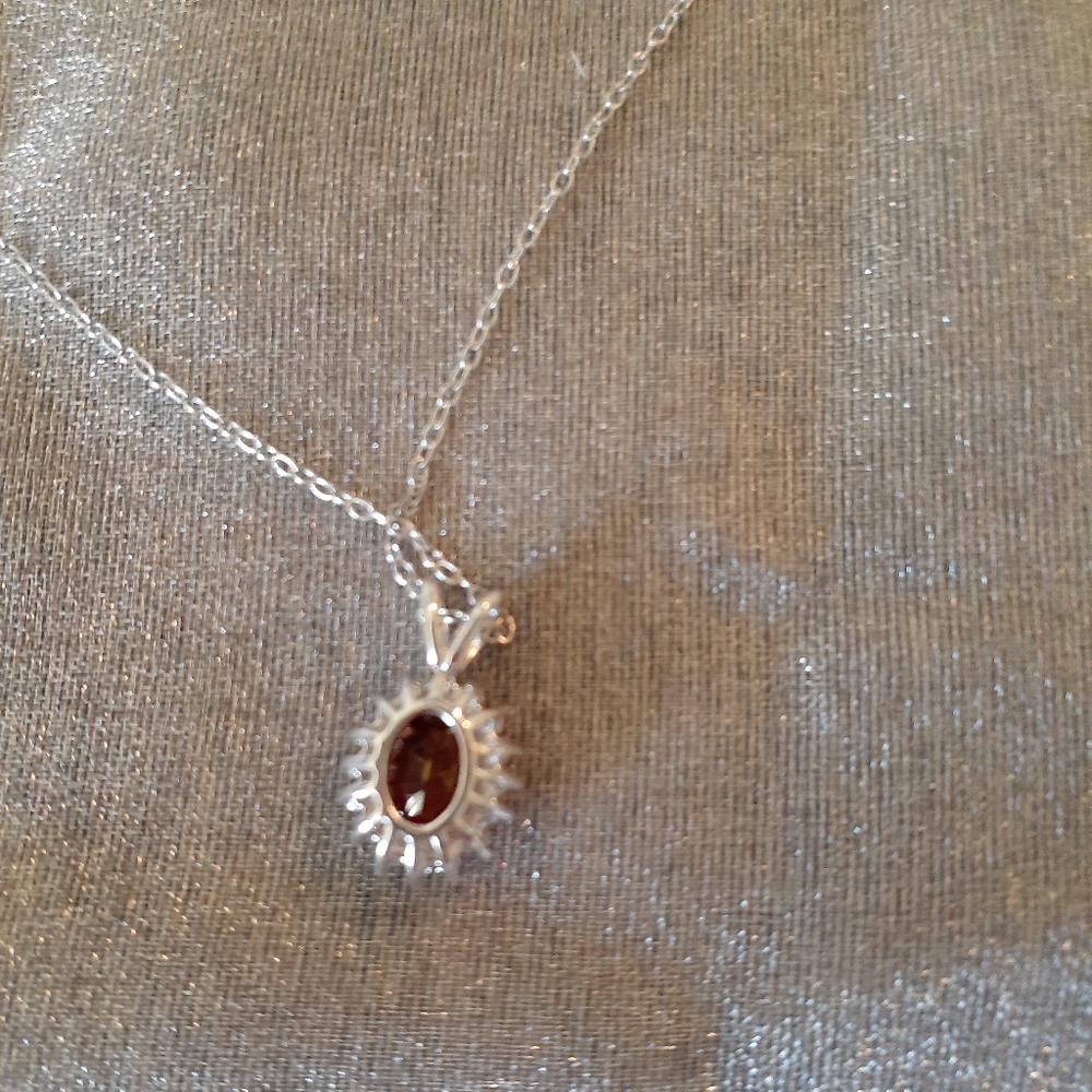 1/2 Price Marked Sterling Silver Genuine Garnet and White Topaz Pendant, Chain - Picture 3 of 12